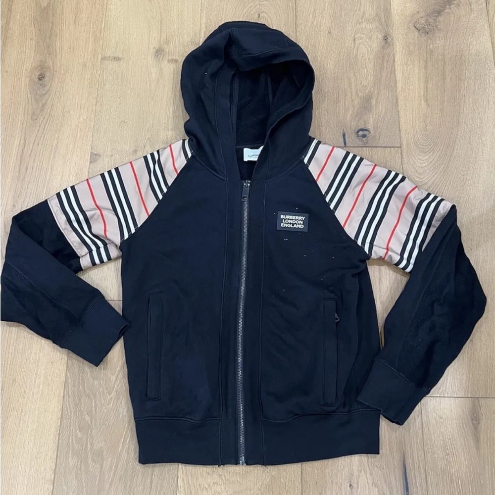 Burberry London Boys Black Hoodie Block Striped Sleeves Size 12Y or adult XS